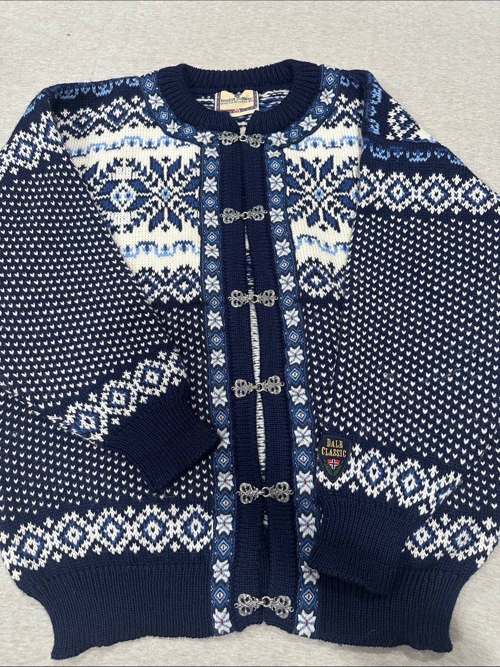 Dale of Norway Navy and White Fair Isle Wool Cardigan